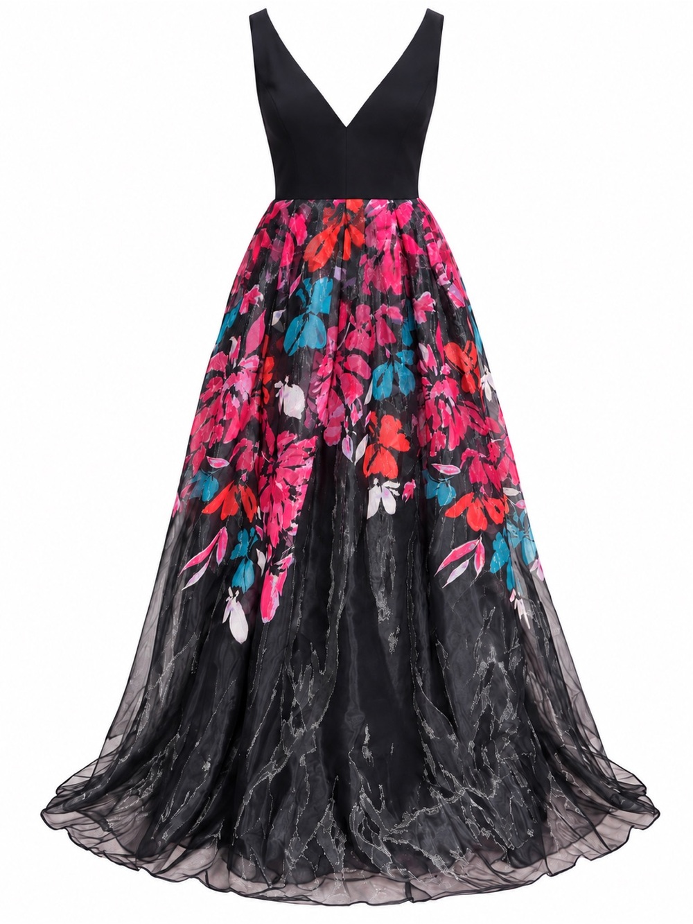Eliza J Black V-Neck Ball Gown with Pink, Teal & Red Floral Skirt